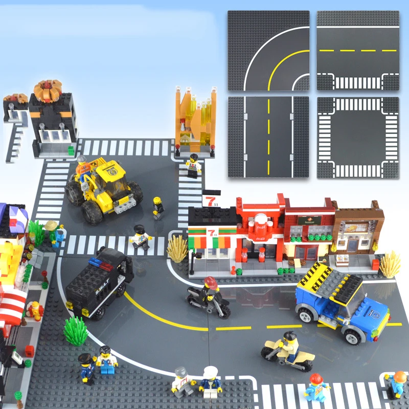 

DIY City Road Street Base Plate Straight Crossroad Curve T-Junction LegoINGlys Building Blocks Sets Baseplate Parts Bricks Toys