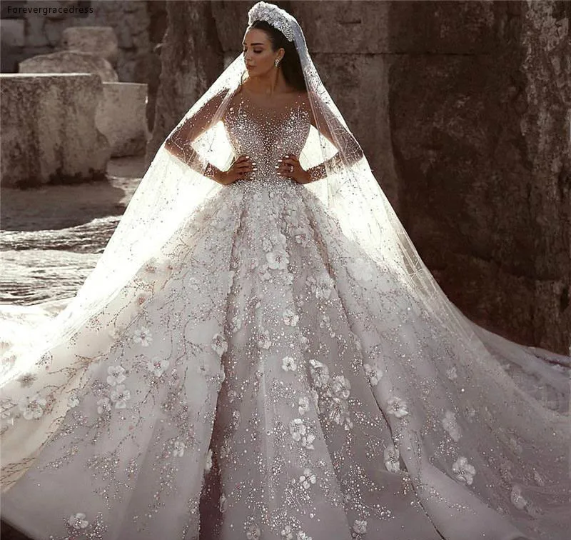 Glamorous Luxury Dubai Arabic New Fashion Lace Ball Gowns Wedding Dresses Long Sleeves 3D Flowers Beading Wedding Dress Bridal Gowns BC0151  591 (5)