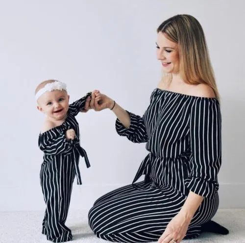 Комбинезон в полоску, штаны платье для мамы и дочки одежда для мамы и дочки одинаковые комплекты для семьи цельнокроеные штаны для мамы и дочки