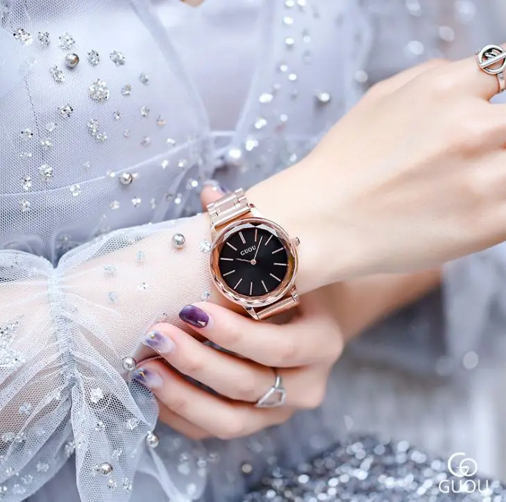 Женские часы новые GUOU женские часы розовое золото браслет часы из нержавеющей стали автоматические часы с датой Часы relogio feminino saat - Цвет: Черный