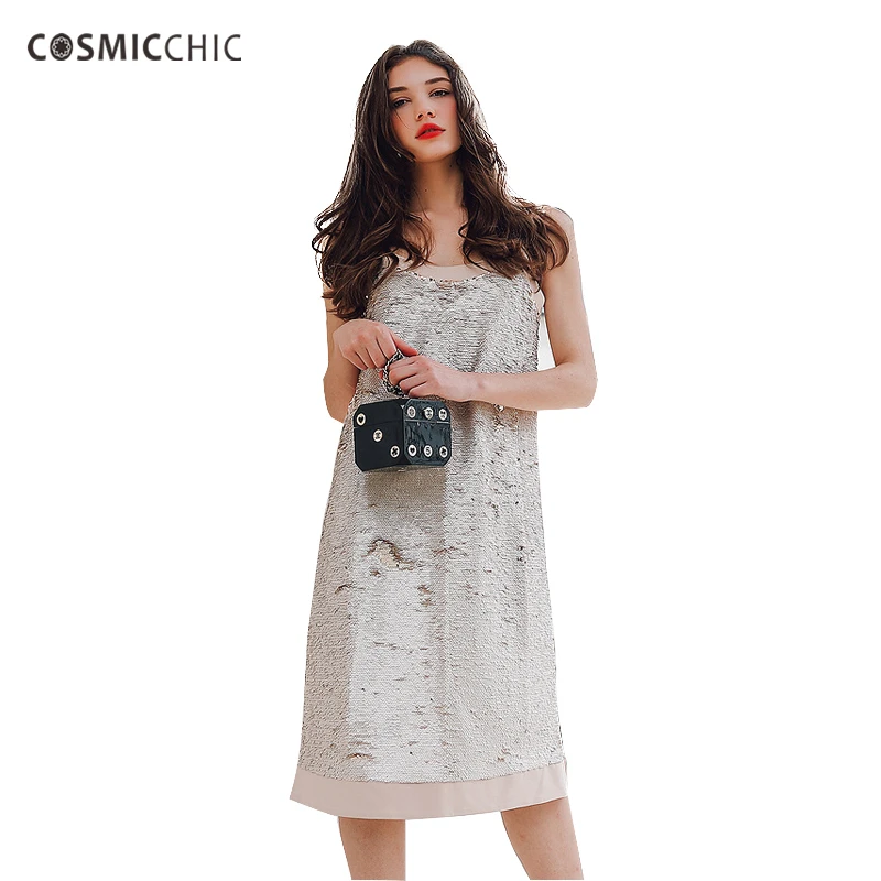 Cosmicchic Блёстки шифон Для женщин Лето брекеты платье 2017 Beach Party Club Винтаж Vestidos Sexy Boho