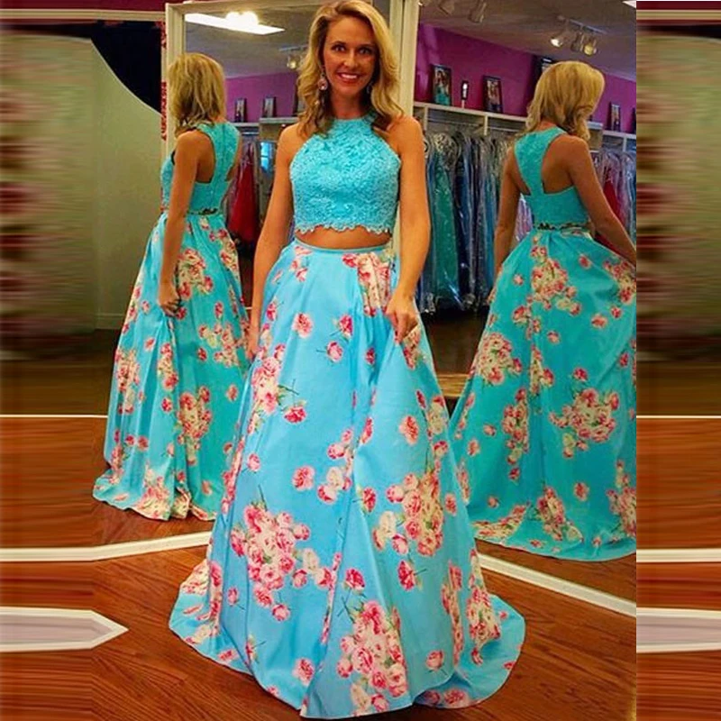 Tidetell Beautiful 2 Piece Long Prom Dresses Flower Print Modern