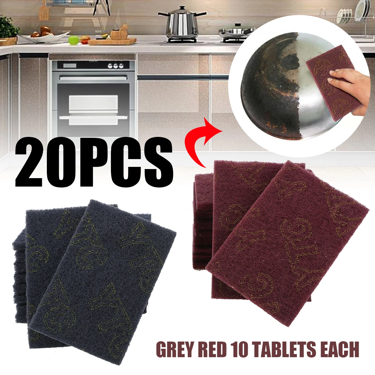 20Pcs Grey/Red Abrasive Finishing Fine Scotch Brite Pads Hand Sanding Grinding Pad For Industry Kitchen Cleaning Tools