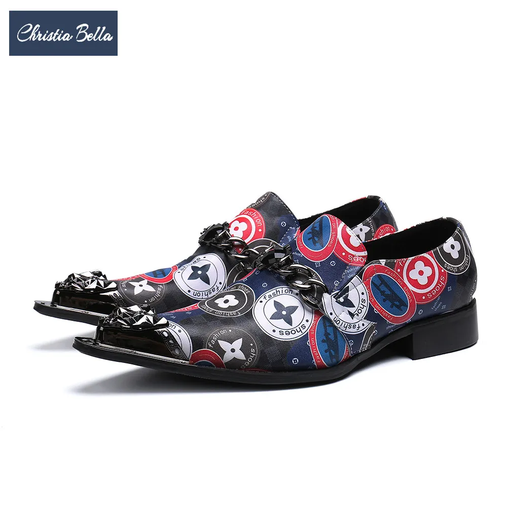 

Christia Bella Brand New British Printing Men Dress Shoes Metal Pointed Toe Men Genuine Leather Shoes Party Wedding Formal Shoes