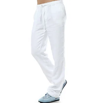 

Men's Summer Casual Pants Natural 100% Linen Trousers White Linen Elastic Waist Straight Pants