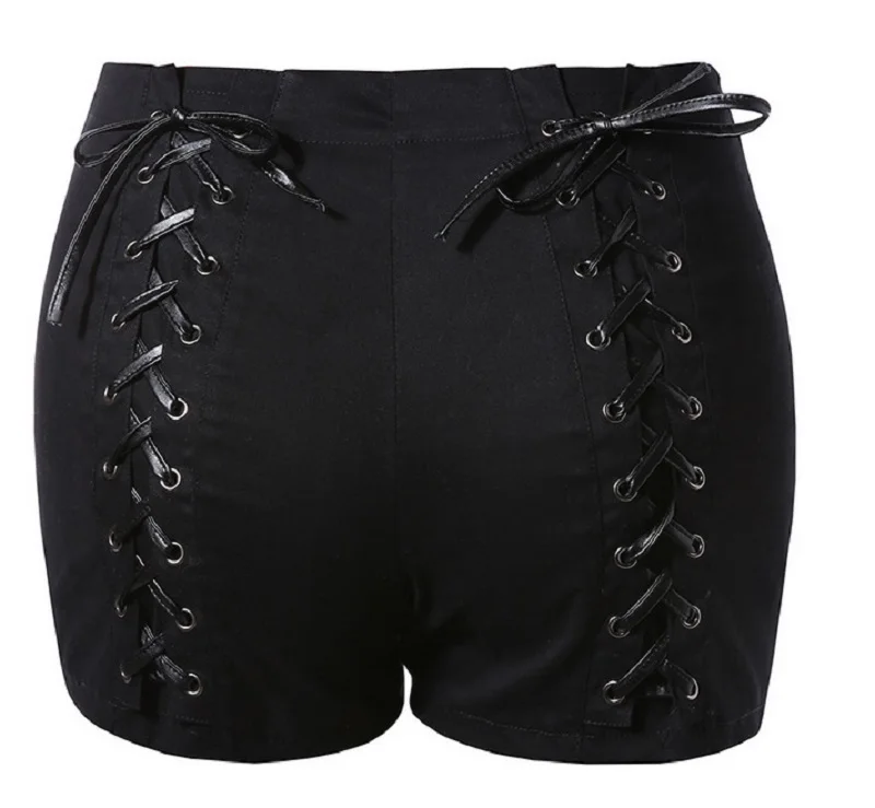 Летние шорты Женские однотонные с перекрещивающимися ремешками с высокой талией повседневные черные короткие модные шорты