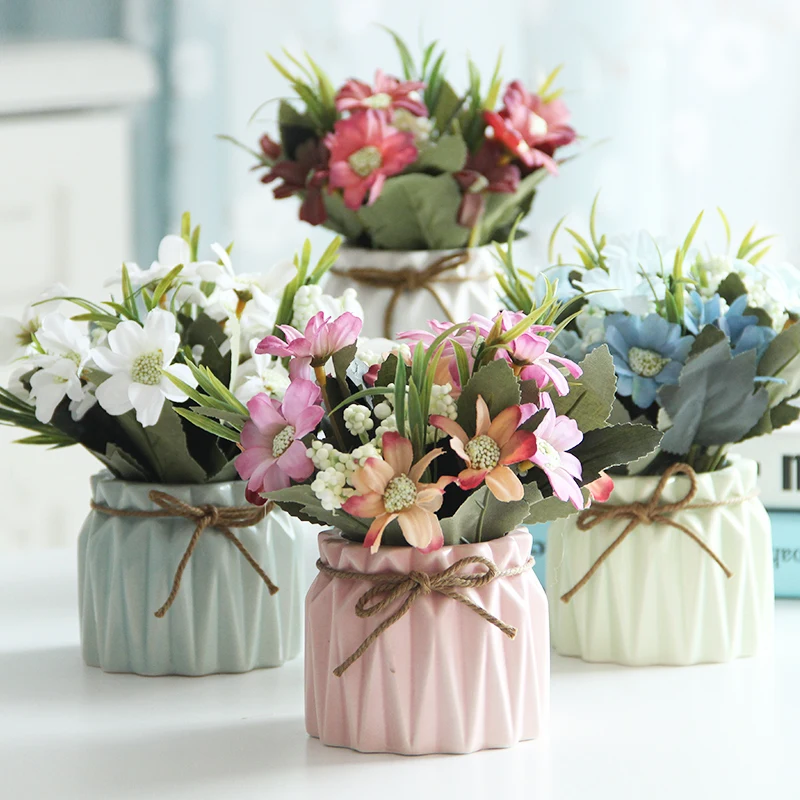 

Modern Ceramic Vase+Artificial Flower Set Decor Livingroom Silk Daisy Fake Flower Pot Ornaments Home Furnishing Craft Decoration