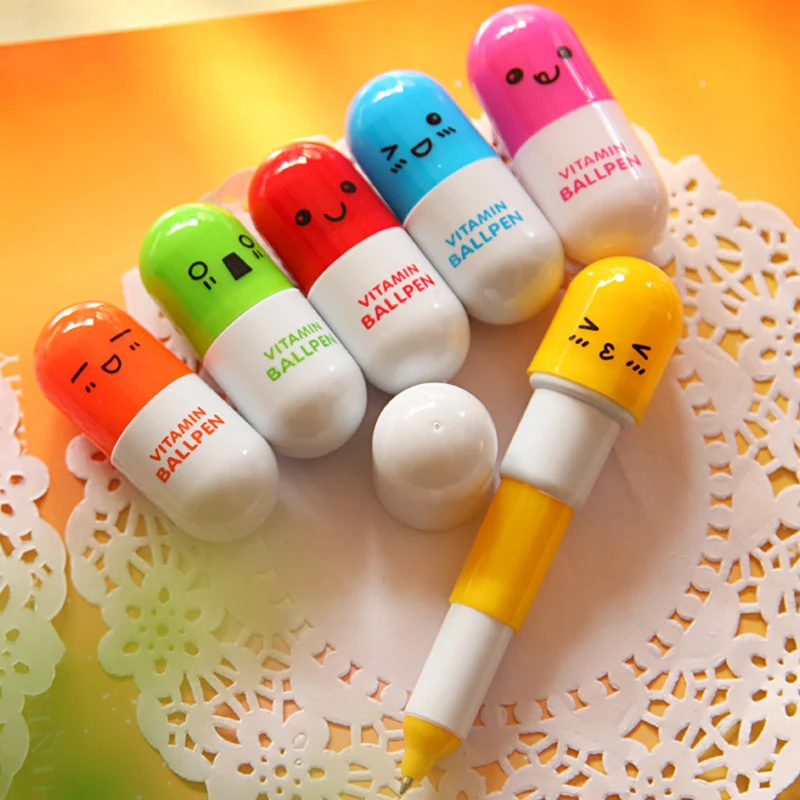 

1 / 5 PC Cute Smiling Face Pill Ballpoint pen Telescopic Vitamin Capsule Ballpen office school supplies kids gift