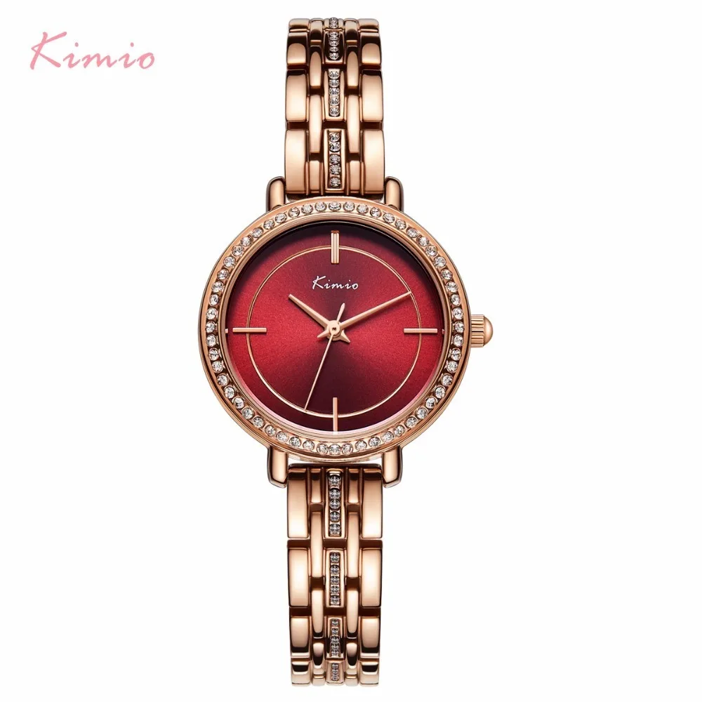 

KIMIO Red Big Watch For Women Clock Rose Gold Bracelet Watch Diamond Crystal 2019 Top Luxury Ladies Quartz Watch Brand Female