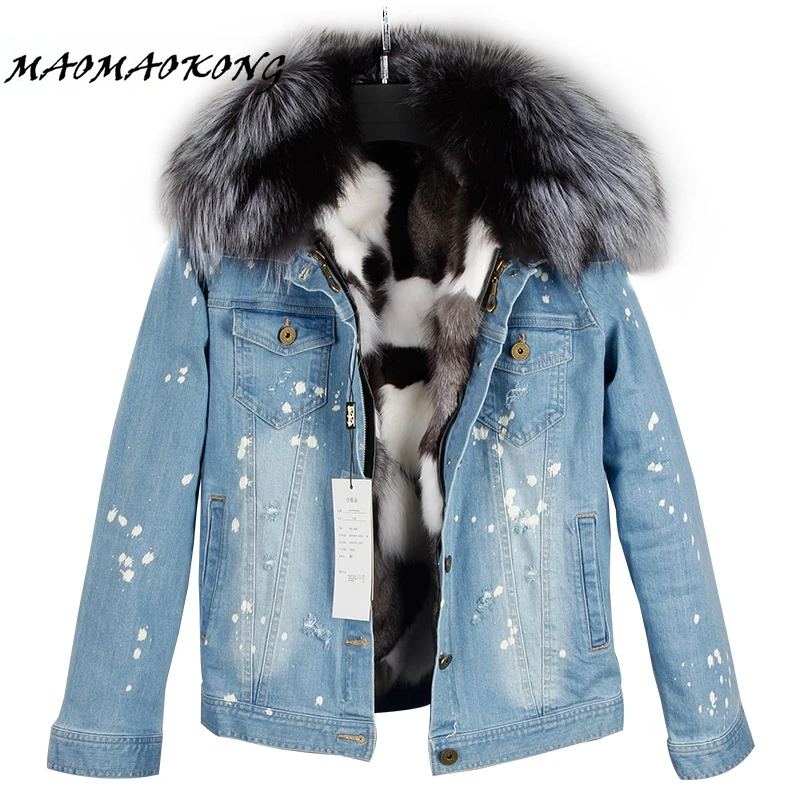 Женская зимняя джинсовая куртка с воротником из меха енота 2017|denim jacket coat|jacket denimdenim