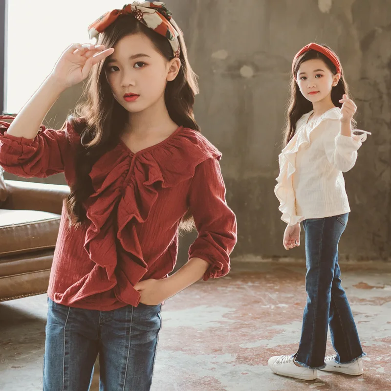 

New Style 3-14 Years Girls Blouse Clothing Sets Teenage Fashion Clothes Long Sleeve Ruffle Blouse + Jeans Two-piece Suit CA166