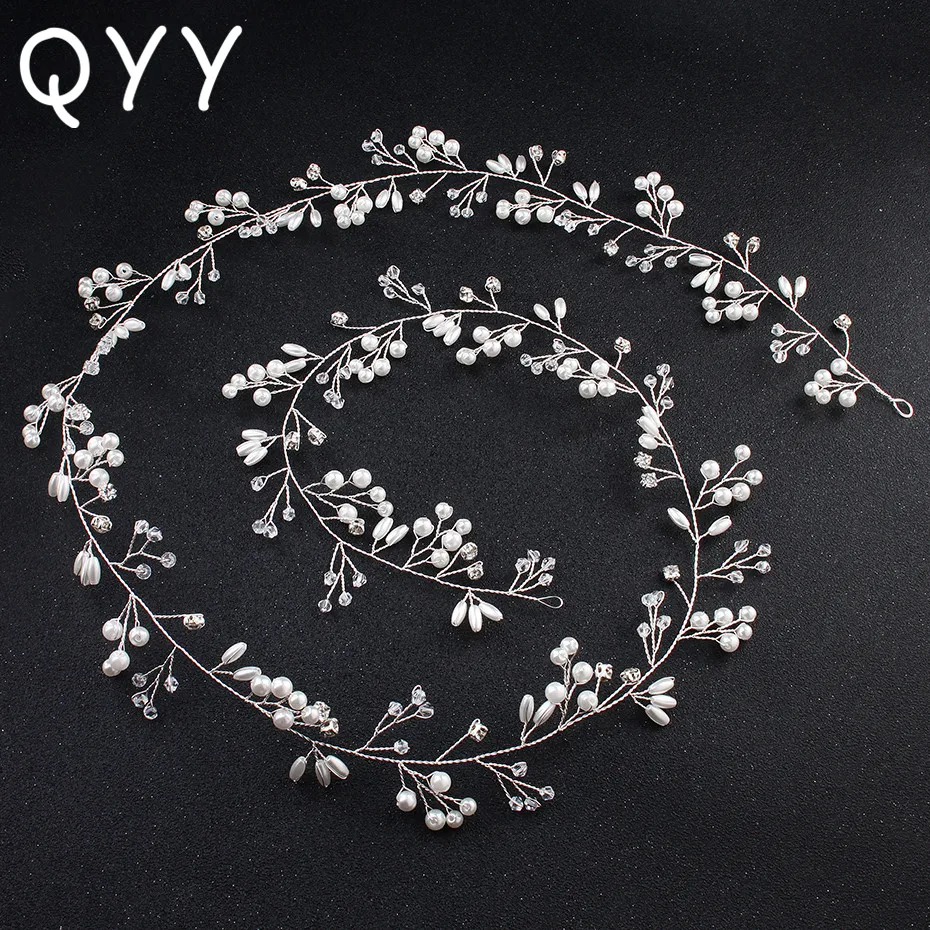 

QYY Fashion Austrian Crystal Pearl Long Wedding Headbands Bridal Hair Accessories Hair Jewelry Tiara Headpiece for Women