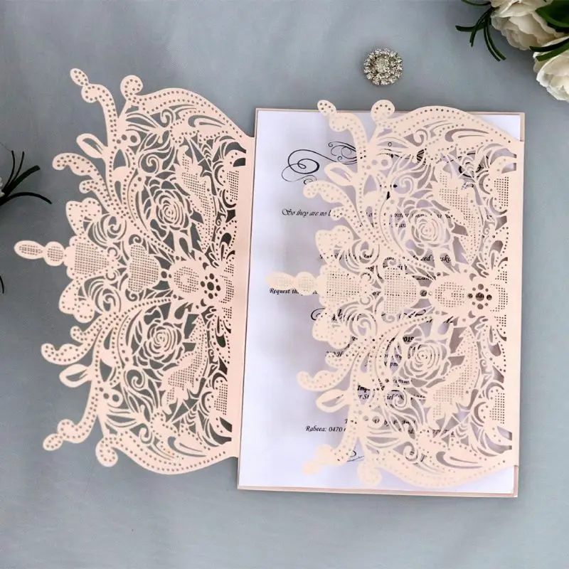  50pcs Wedding Invitation Card with ribbon Laser Cut Floral Glittering Engagement Baptism Invitation - 33040825919