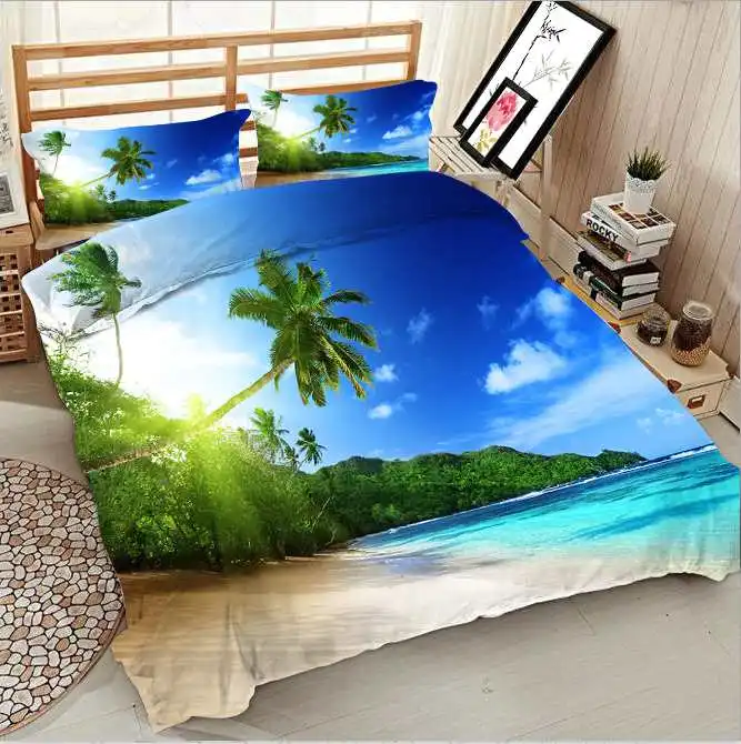 

Sandy sea beach with coconut trees under blue sky 3d effect photo bed linen can be customized photo pattern