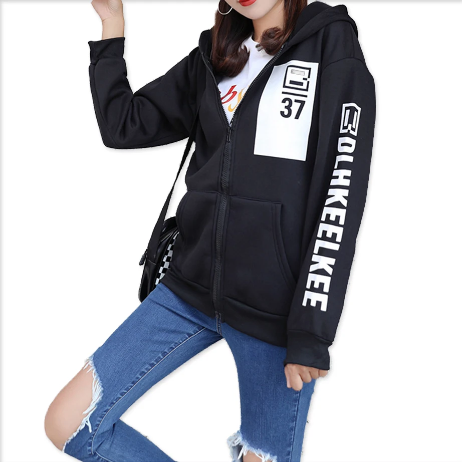 

Autumn Winter Women 2019 Korean New Loose Zipper Hooded Hoodies Coat College Style Casual Plus Velvet Warm Sweatshirt Women Tops