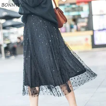 Юбки Женские в горошек шифон Высокое качество плиссированные до середины икры эластичные женские s Модный корейский стиль Студенческая юбка женские элегантные милые