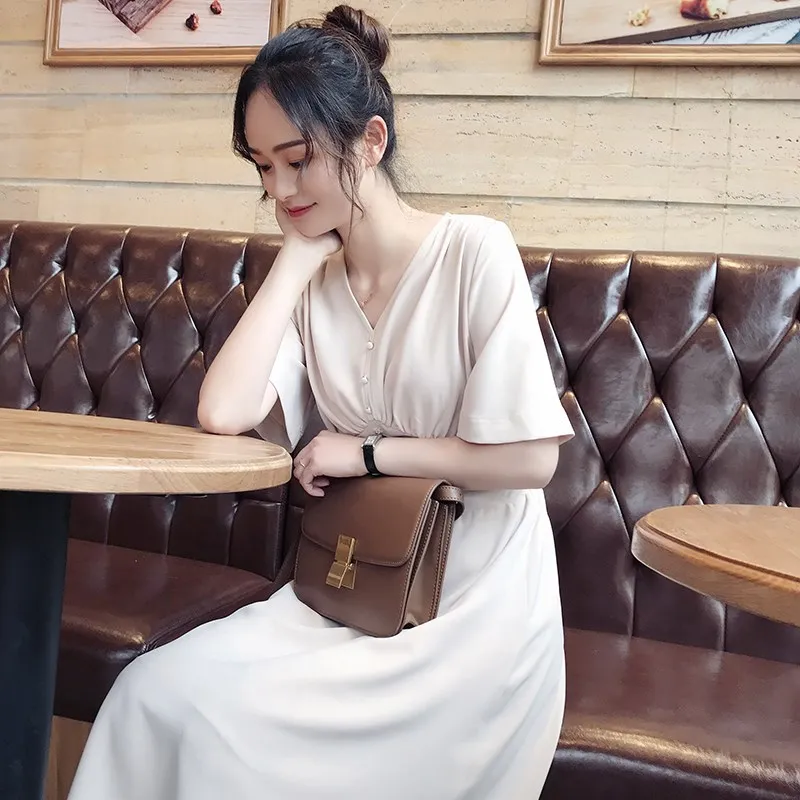 

Summer New Fashion Button Long Dress Elegant Female V-Neck Tunic Work Dress Women's Short Sleeve Chiffon Black Dress
