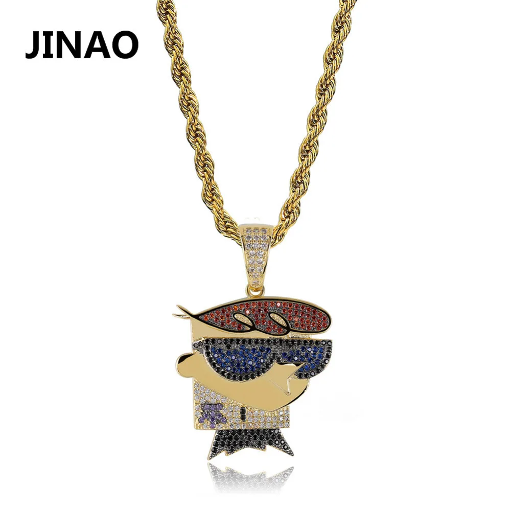 

Fashion Cubic Zircon Iced Out Chain Gold Anime Dexter's Lab Pendant Necklace Hip Hop Jewelry Statement Necklaces For Man Women