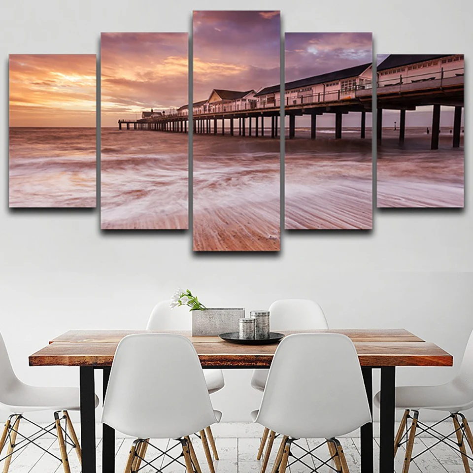 

HD Printed Painting Decoration Posters Framework 5 Panel Seaside Houses Sunset View Modern Wall Art Pictures Home Living Room