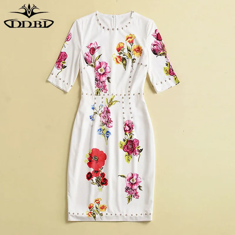 high quality summer dress white beading dress floral white tight dresses  180504