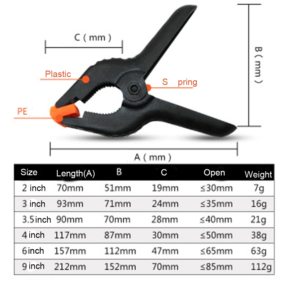 6 шт 2/3/3,5/4/6 дюймов инструменты сделай-сам Пластик зажимные зажимы для работы по дереву пружинный зажим фотостудия Grampo Clamp Hout Klemmen sautere