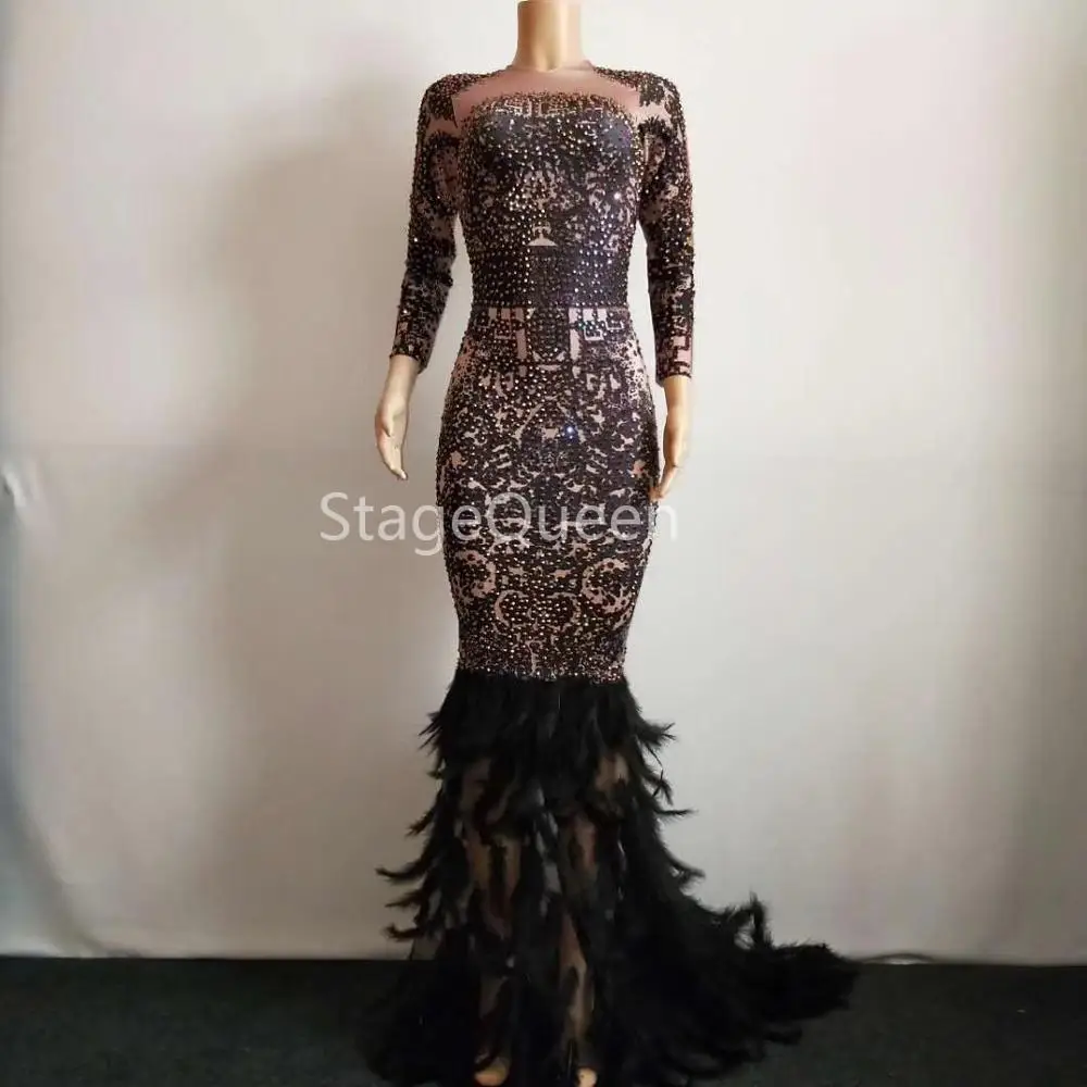 

Sparkly Colorful Rhinestones Black Feather Long Dress Glisten Full Stones Big Tail Dress Costume Prom Birthday Celebrate Dress