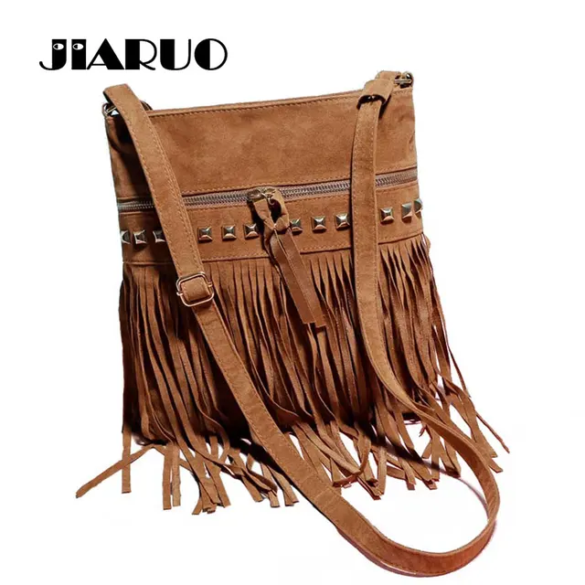 Jiaruo Vintage Fringe Tassel Rivet Simple Women Small Shoulder Jiaruo Vintage Fringe Tassel Rivet Simple Women Small Shoulder Messenger Crossbody Bag Las Satchel Handbags Casual