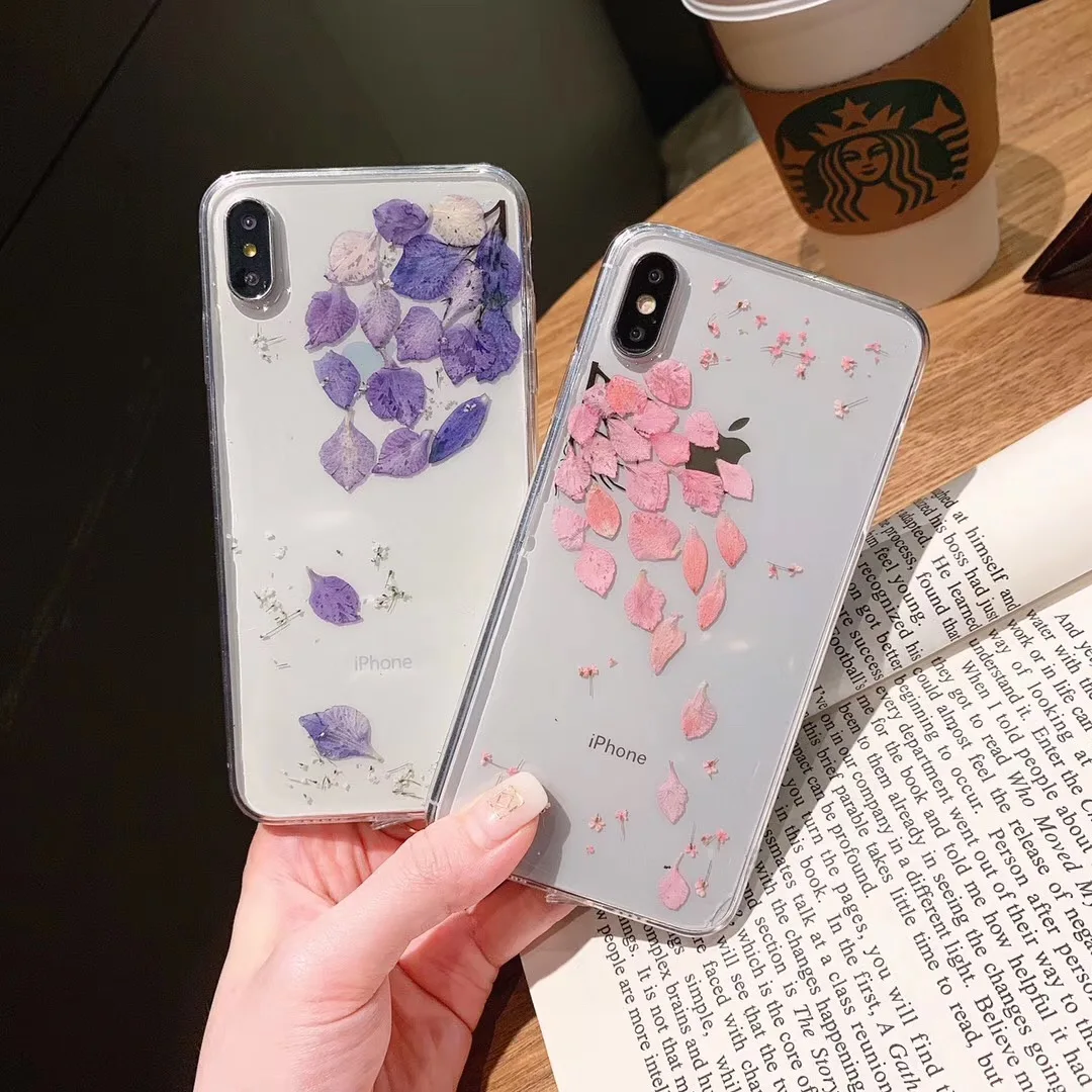 

Real Dried Flowers Handmade Phone Cases For iPhone XS Max XR 6 6s 7 8 Plus X Case Floral Clear Cover Silicone TPU Soft Case Capa