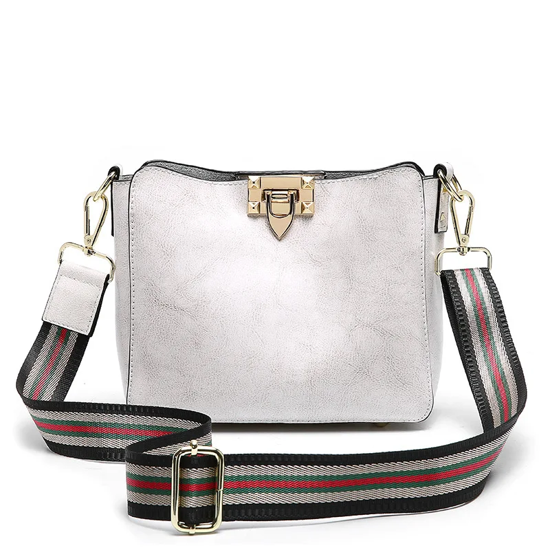 Fashion bucket design high-grade leather women's handbag oil wax leather wide-band large-capacity slung shoulder bag women