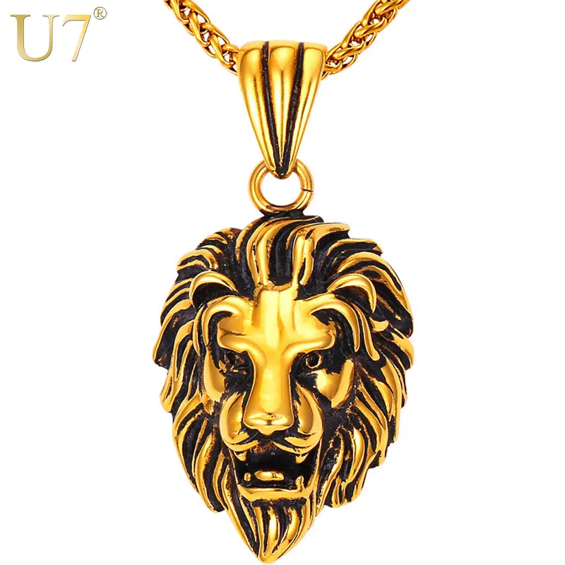 U7 Black Lion Charms Necklace Rock Punk Style Men/Women Retro Jewelry Gold Color Stainless Steel Chain Necklace & Pendant P807 U7 Black Lion Charms Necklace Rock Punk Style Men/Women Retro Jewelry Gold Color Stainless Steel Chain Necklace & Pendant P807