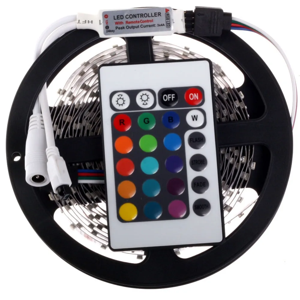 

RGB LED Strip 5M 300Leds 3528 SMD + 24Key IR Mini Remote Controller Flexible LED Light DC 12V Home Decoration Lamp Free Shipping