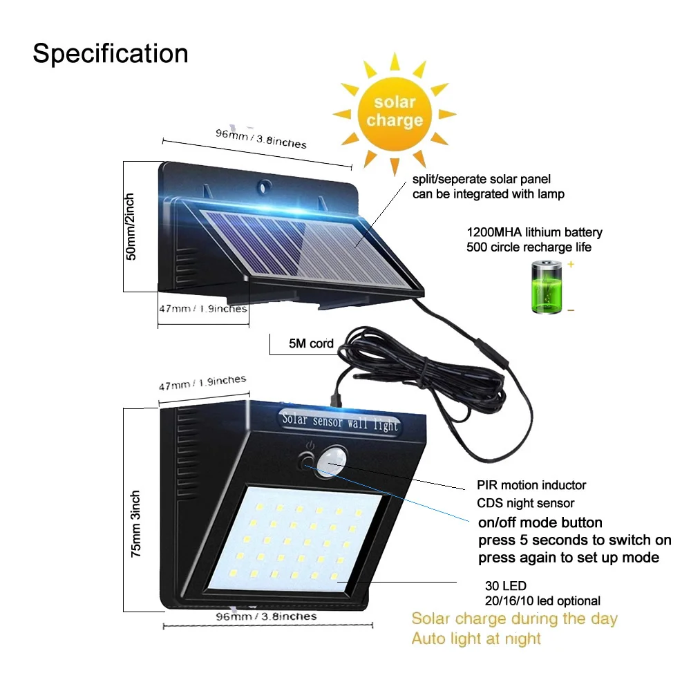30 led 500lm солнечный светильник раздельный монтаж pIR motion 3 senser солнечный светильник s Wat IP А 5 м кабель Уличный настенный светильник для
