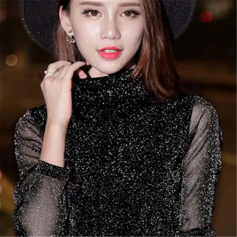 

Blouse Shirt Long Sleeve 2018 New Spring Autumn Solid Gold and Silver Sexy Perspective Mesh Women Blouses Fitness Tops PZ420