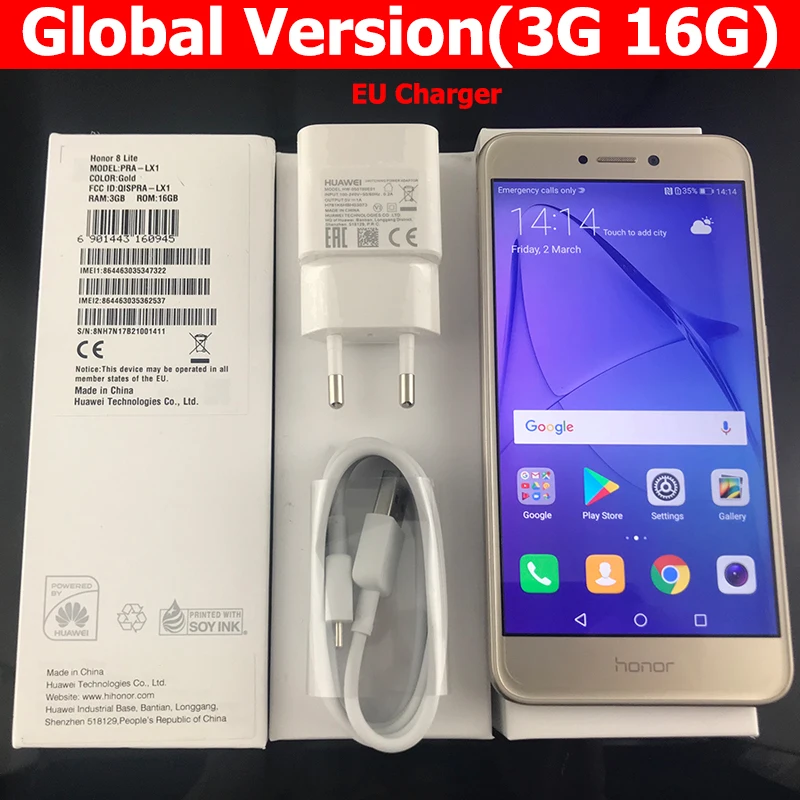 Мобильный телефон Huawe Honor 8 Lite с глобальной прошивкой, 4G LTE, четыре ядра, 5,2 дюймов, 1920*1080 P, задний, 3000 МП, мА/ч, отпечаток пальца