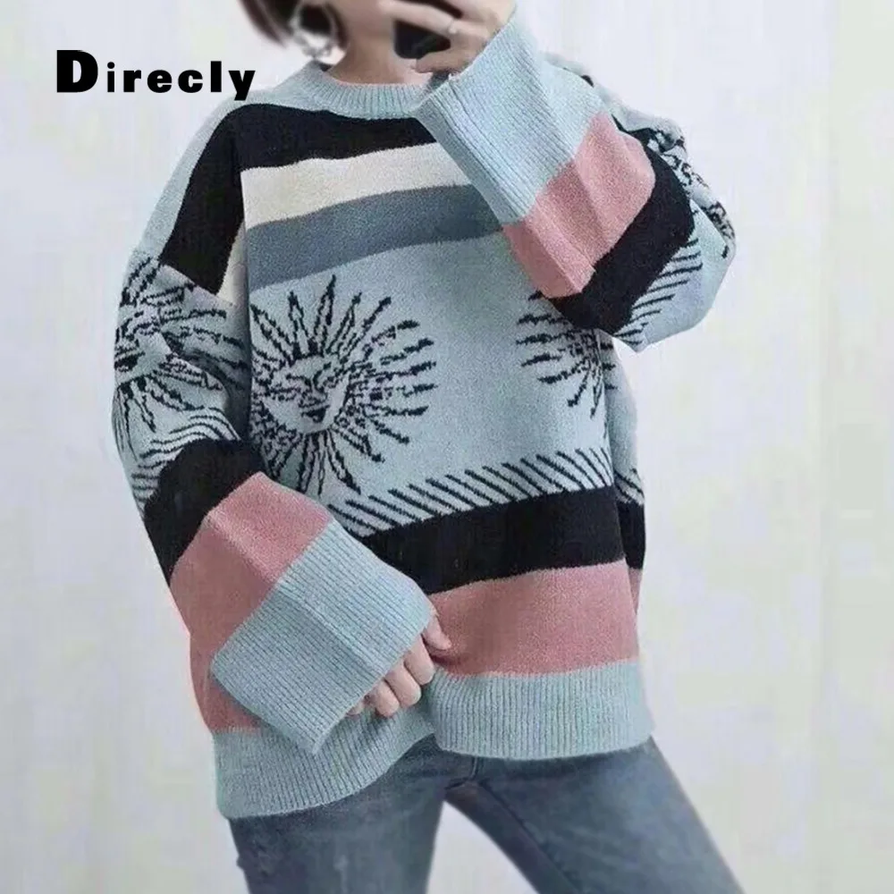

Direcly2018 autumn and winter fashion women's round neck long-sleeved sun embroidered striped knit long-sleeved sweater women