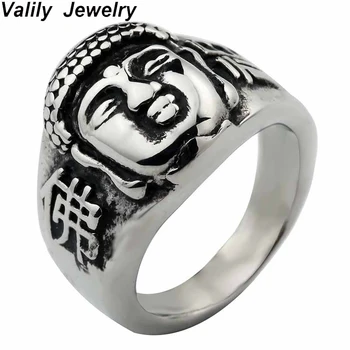Valily Jewelry Men's Buddhism Ring Buddha Head Bless Ring Stainless Steel Fashion Silver Black Rings Band for Men US Size