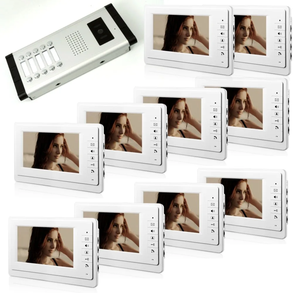 7 Inch Wired Video Door Phone Visual Intercom Doorbell with 10*Indoor Monitor+1*Outdoor Camera For 10 Units Apartment Intercom