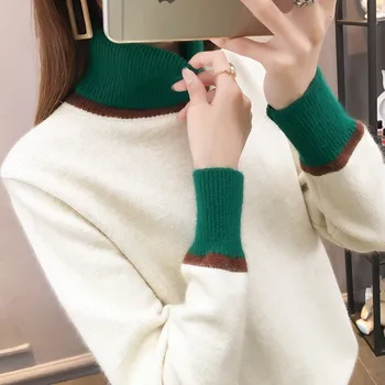 

2018 New Autumn Winter Turtleneck Thick Knitwear Korean Pathwork Hit Color Women Pullover Sweater Casual Loose Jumper Tops