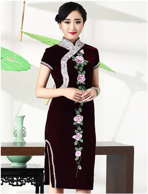 Роскошное ручное вышитое бисером бархатное платье для мамы Cheongsam голубое китайское традиционное длинное Qipao женское Qi Pao восточное платье - Цвет: Maroon