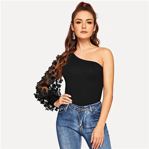 COLROVIE черная сексуальная блуза на одно плечо с цветочной аппликацией и сетчатыми рукавами, женская рубашка, рабочая одежда, элегантные женские топы и блузки - Цвет: Черный
