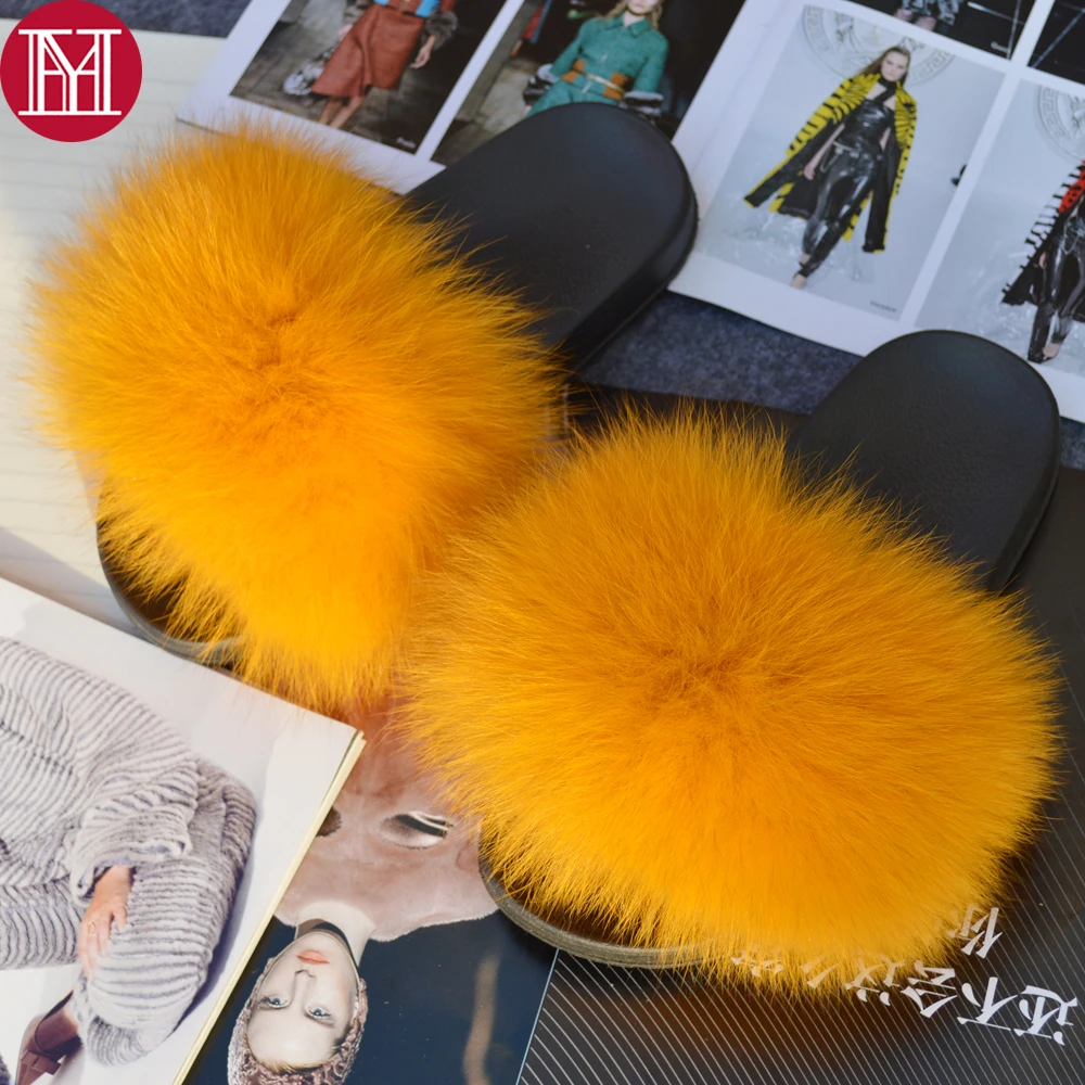 

Women Real Genuine Fox Fur Slippers Girls Summer Lovely Fluffy Real Fox Fur Shoes Slides Luxury Brand Real Fox Fur Flat Sandals