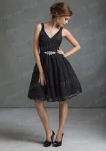 Free Shipping Charming A Line V Neck V Back Knee Length Black Lace Bridesmaid Dress With Sash BD071