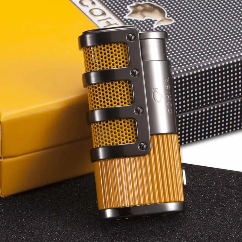 yellow COHIBA гаджеты Gridding Stripes Стиль Карманный бутан газ ветрозащитный 3 фонарь Jet пламя прикуриватель с подарочной коробкой - Цвет: yellow