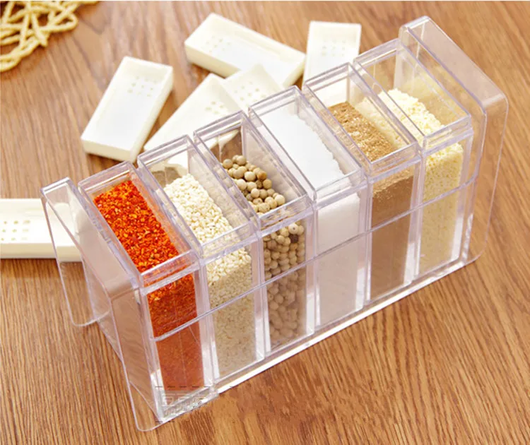 Прямоугольные 6 решеток солевые специи и перца шейкеры прозрачный пластиковый ящик для хранения приправ для кухонных принадлежностей