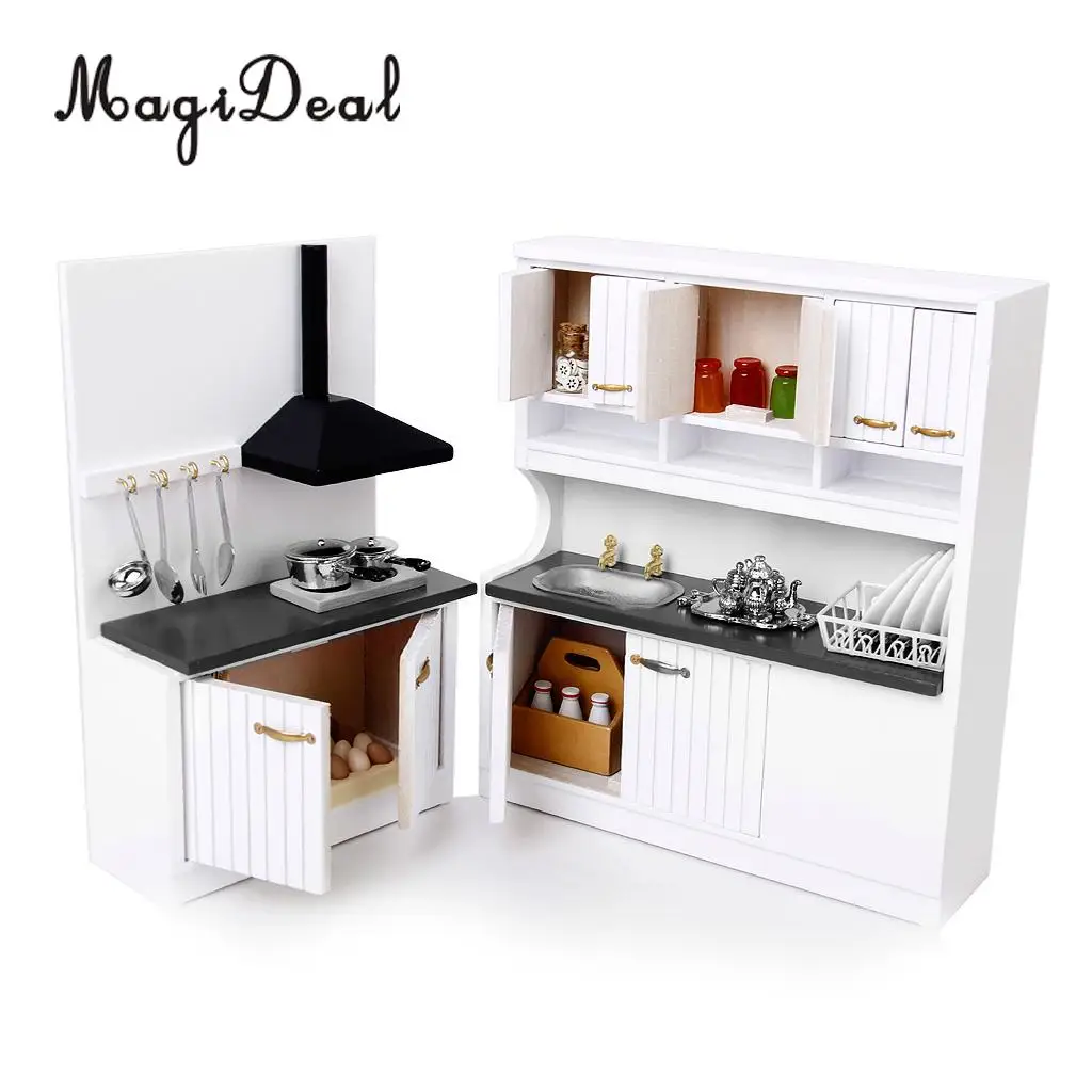 Modern Kitchen Set Wooden Furniture Model Kit for 1:12 Dollhouse Miniature Decoration