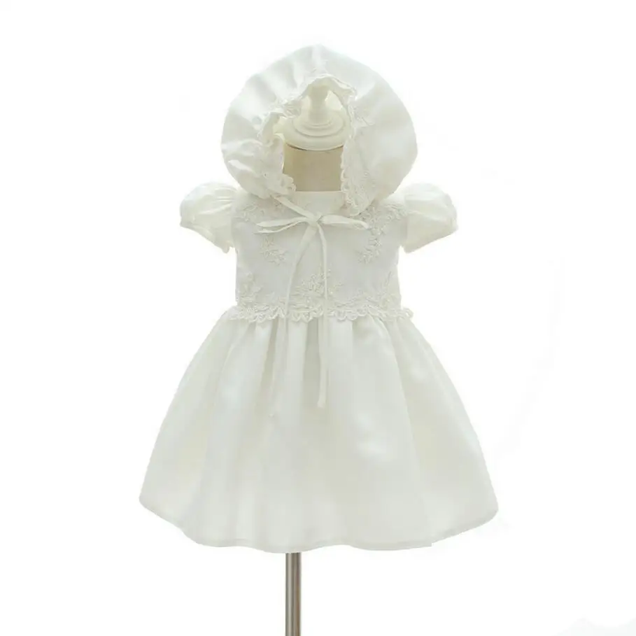

2PCs per Set Beading Baby Girl Baptism Dress Off White Infant Girl Christening Gown Embroidered Hat 0-24Months