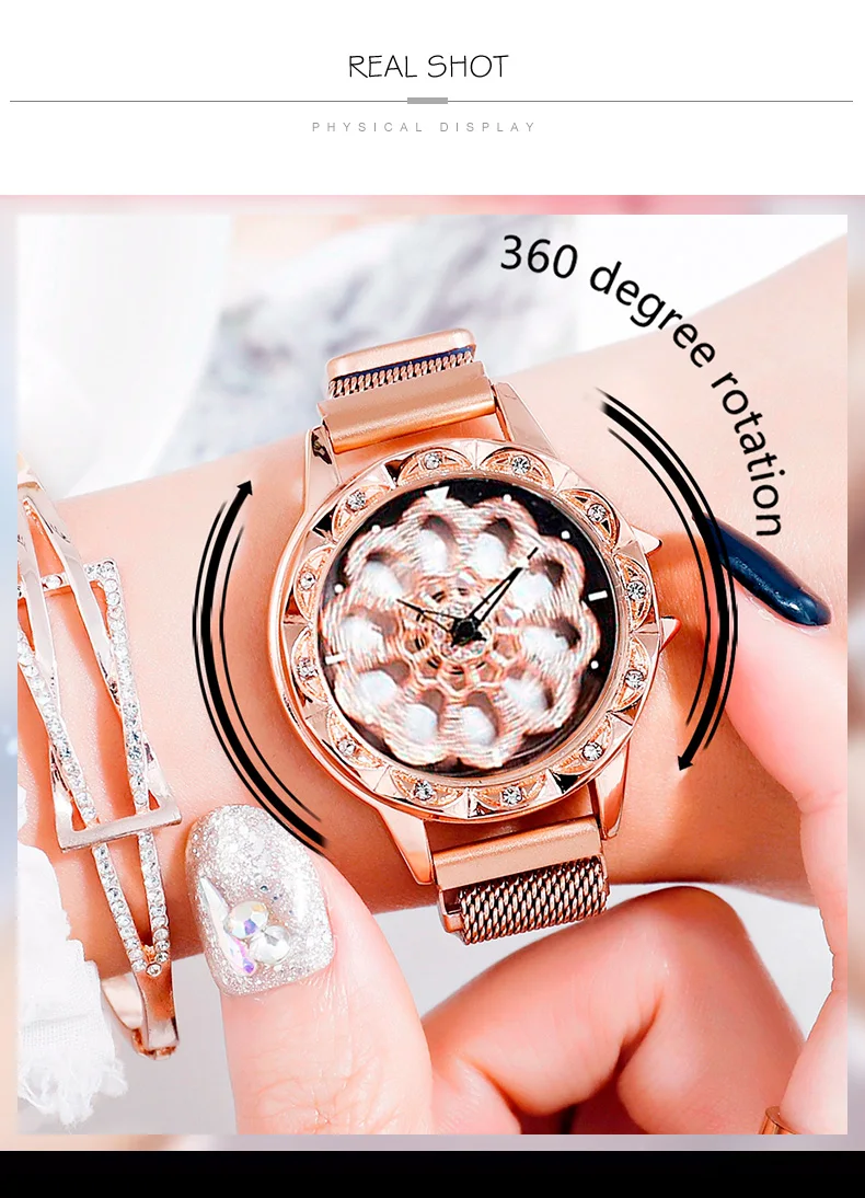 Лидирующий бренд Для женщин часы Творческий 360 градусов вращающийся с цветком из стразов; циферблат Кварцевые часы охватывающая деталь из нержавеющей стали золотые часы магнит