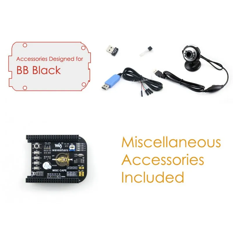 

BeagleBone Black Accessories Pack E, Expansion Board MISC CAPE + USB Camera + USB WIFI + USB to TTL Wire