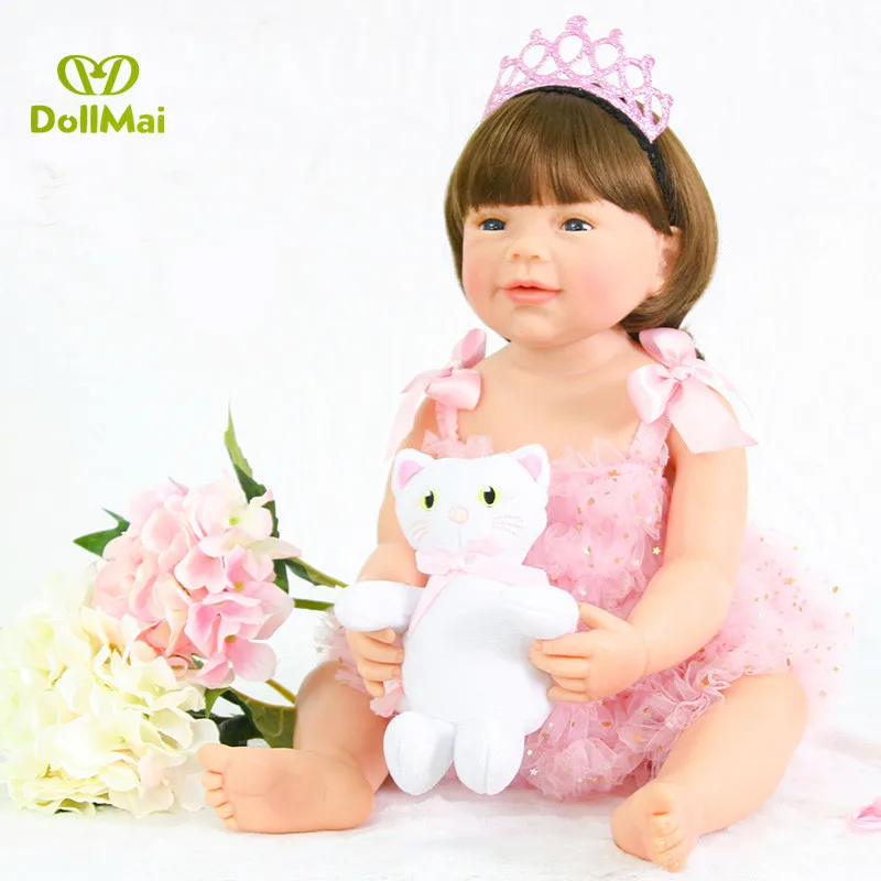

56cm 100% full body reborn silicone fashion vinyl babies dolls handmade reborn brown hair dolls birthday toy bebe alive bonecas