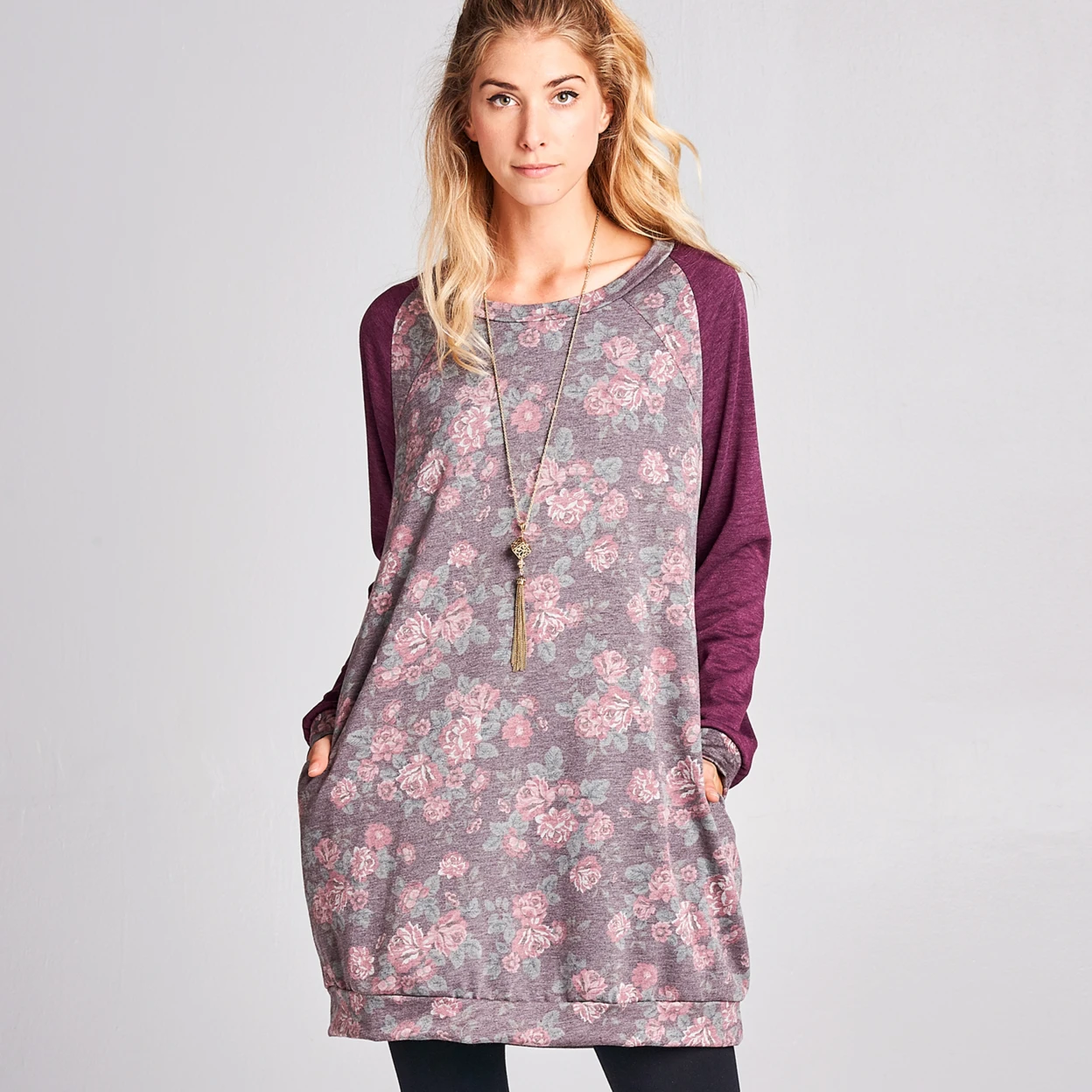 Floral French Terry Sweatshirt Dress with Pockets